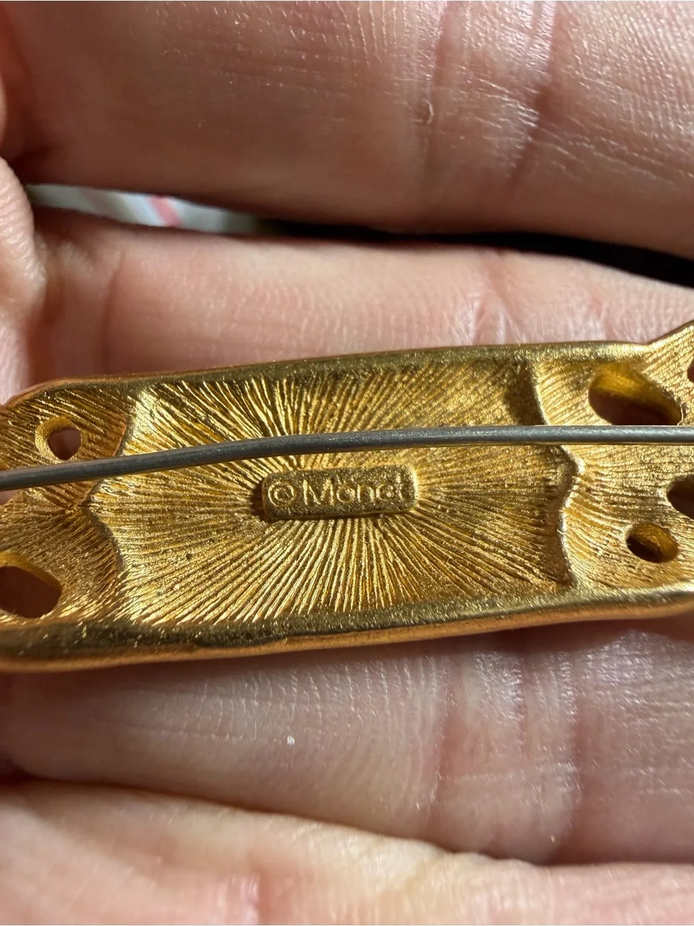 Vintage Monet Gold Tone Burgundy Enamel Bar Brooch